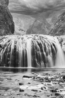 Stjornarfoss waterfall, near Kirkjubaejarklaustur, black and white photo, Sudurland, Iceland,
