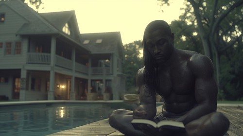 A contemplative black muscular man reading a book by the pool at dusk, with a luxurious house in
