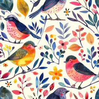 Seamless watercolor pattern featuring birds in various poses amidst foliage AI generated