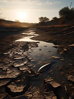 Dry riverbed with scattered dead fish under a harsh afternoon sun illustrating water scarcity, AI