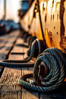 Ropes and bollards securing a ship at the dock at morning, AI generated