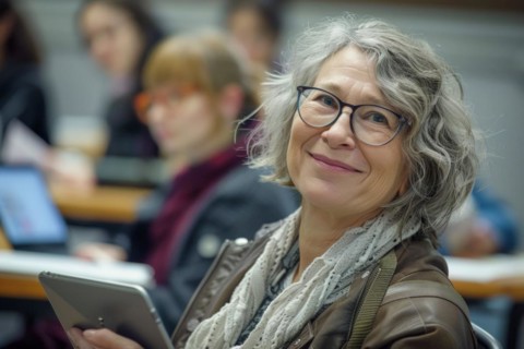 A woman of advanced age, senior citizen, sitting with a digital tablet in a course room, training