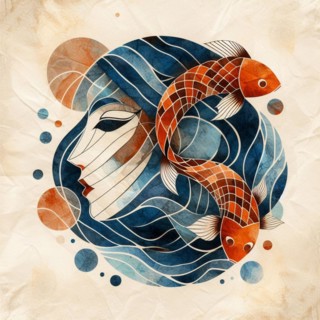 Abstract art of a woman's face entwined with orange fish among blue hues and circles, square