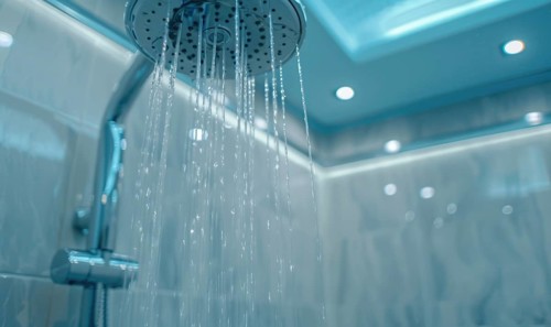 Water droplets falling from a showerhead in a bathroom with blue lighting AI generated