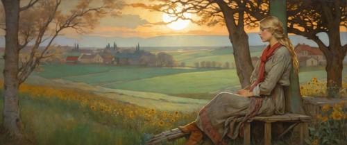 A woman sits on a bench, overlooking sunflowers and a village at sunset, AI generated