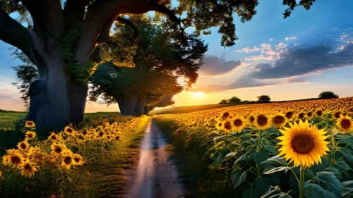 Sunflower fields in full bloom bordering a serene countryside road with towering ancient oak trees,