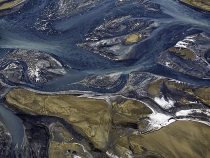 Overgrown river landscape, Eldhraun, near Kirkjubaejarklaustur, drone image, Sudurland, Iceland,