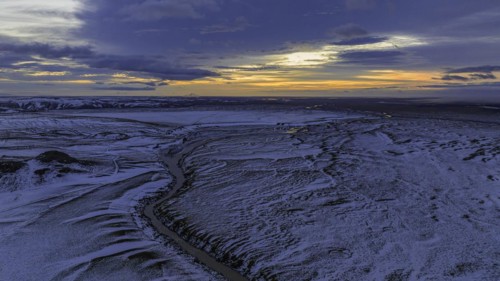 Overgrown river landscape, onset of winter, sunset, Fjallabak Nature Reserve, drone shot,