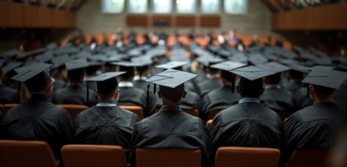 A group of students wearing graduation caps attending a ceremony, AI generated