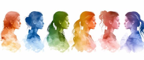 A sequence of women's profiles in a serene watercolor gradient from light to dark blue, with a
