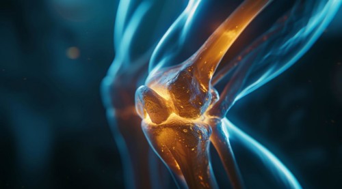 Digital illustration of a glowing knee joint with orange and blue light elements, ai generated, AI