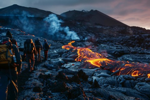 Tourists, hiking group, expedition, onlookers on the way to an active volcano, surrounded by hot,