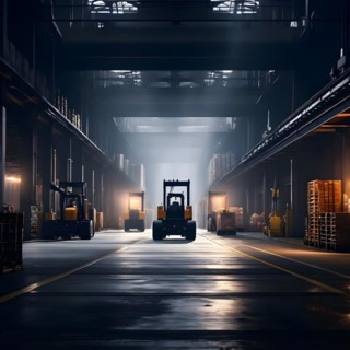 Loading bay at a seaport with forklifts and workers, AI generated