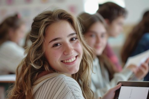A schoolgirl, teenager sits in the classroom with a digital tablet and looks into the camera,