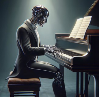 A humanoid robot sits at a grand piano in a concert hall and plays classical music, symbolic image
