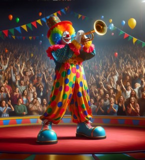 A clown, a musical clown, in mask and costume plays the trumpet in the ring of a circus, AI