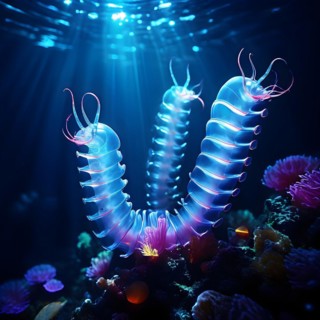 Bristle worms bioluminescent bodies floating in deep ocean, AI generated, deep sea, fish, squid,