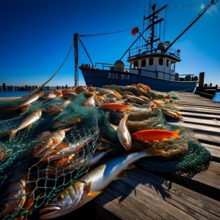 Commercial fishing net cascading onto the dock overflowing with caught shrimp fish and incidentally