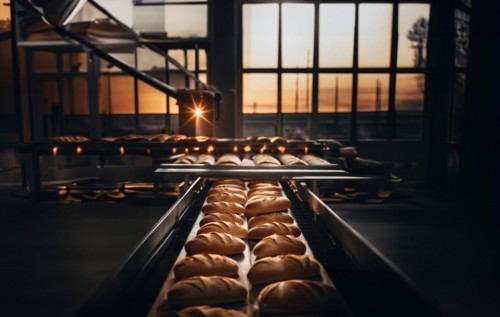 Bread production on a conveyor belt, revenue from organic bread at the factory, AI generated