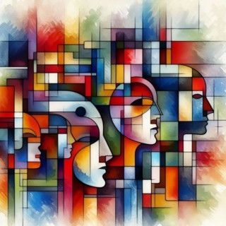 Abstract artwork with multiple colorful geometric faces, square aspect, AI generated