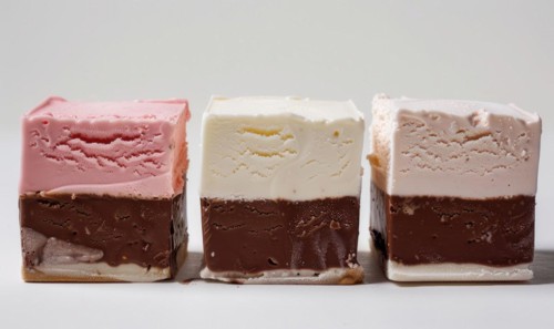Three-color ice cream slices on white background AI generated