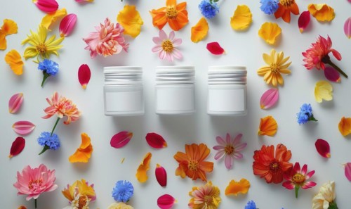 Three creme jar blank mockups nestled amidst delicate flower petals on a white background AI