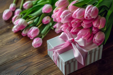Gift Box with Pink Ribbon Beside bouquet of Fresh Tulips. Background for Valentine day, March 8,