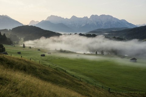 Sunrise and morning fog, Geroldsee or Wagenbruechsee, Kruen near Mittenwald, Werdenfelser Land,