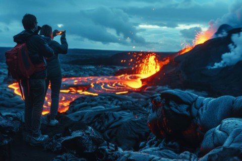 Tourists, onlookers photograph a spectacular volcanic landscape with liquid, partially cooled lava