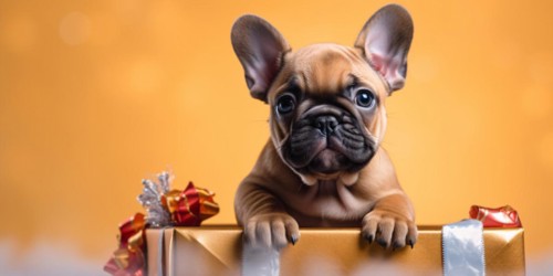 Cute French Bulldog dog puppy with gift box on yellow background. KI generiert, generiert, AI