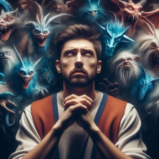 A man has delusions in his head, symbolic image intoxication, narcotic, drug, drug use, fantasies,