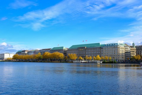 View over the Inner Alster Lake, Hapag Lloyd building behind, Hanseatic City of Hamburg, Hamburg,