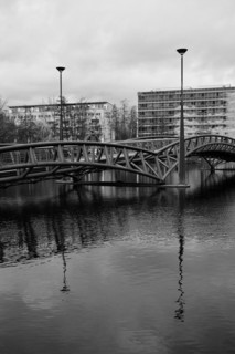 Building and bridge in the Mediapark, black and white, Cologne, Germany, Europe
