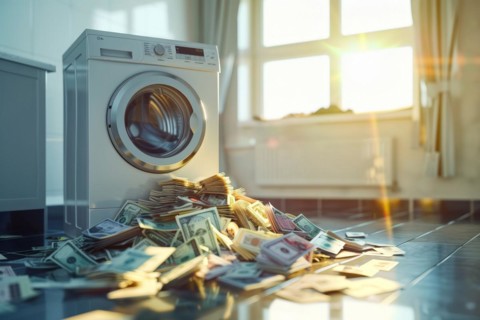 A mountain of banknotes lying in front of a washing machine, symbolising money laundering,
