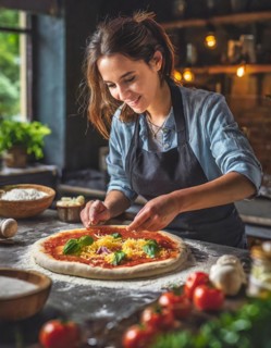 Artisan pizza maker making a rustic pizza, ingredients, kitchen, AI generated, AI generated