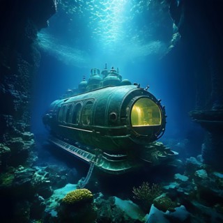 Deep sea submersible bathed in artificial light navigates through murky waters, AI generated, deep