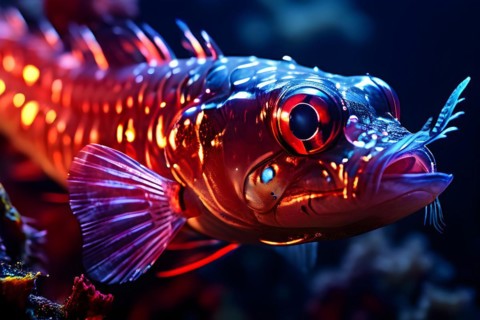 Viperfish swimming in deep ocean depths with bioluminescent spots emanating a ghostly luminescence,