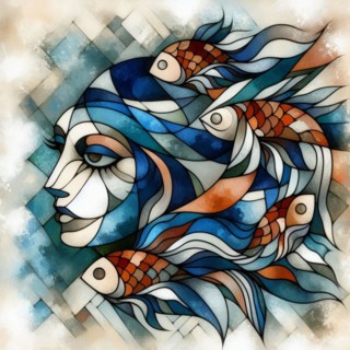 Serene abstract with a woman's face and fish in a geometric watercolor design, square aspect, AI