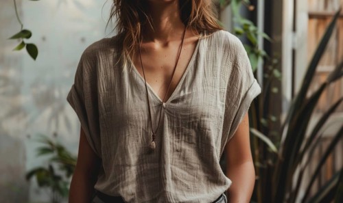 Woman in a simple linen shirt, bathed in natural light, surrounded by indoor plants AI generated