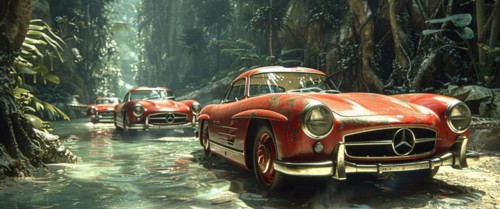 Classic red Mercedes-Benz cars standing in water in a jungle scene with clear reflections, AI