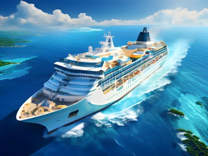 Digital painting of aerial view featuring a cruise ship slicing through the caribbean sea, AI