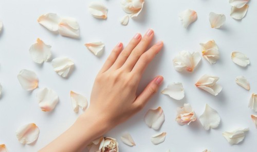 Woman's hand on white background with flower petals around AI generated