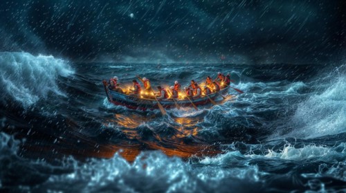 Group in a boat wearing life jackets rowing in the rainy ocean at night with waves around them, AI