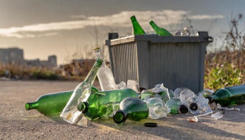 Next to a rubbish bin are some empty glass bottles, some broken, AI generated, AI generated