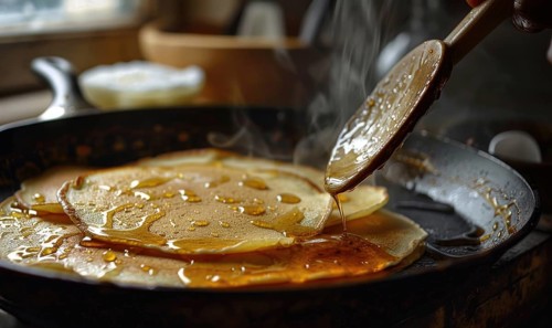 Flipping a pancake in a cast iron pan with a spatula in a dynamic kitchen scene AI generated