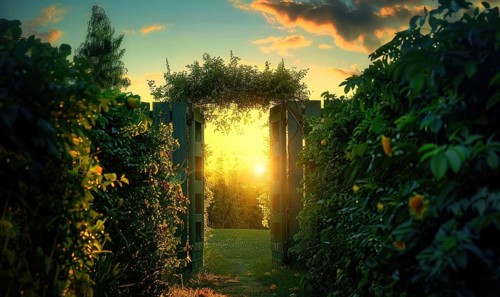Sunrise streams through an open garden gate surrounded by lush greenery AI generated