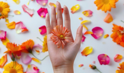 Close-up of a woman's hand holding colorful flower petals AI generated