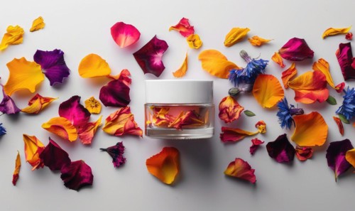 Creme jar blank mockup adorned with flower petals in various hues AI generated