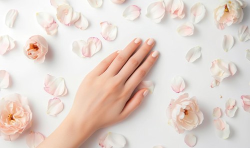 Woman's hand on white background with flower petals around AI generated