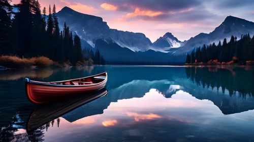 Canoe lies tranquilly atop a mirror like lake surface with sunrise gently kissing the sky, AI